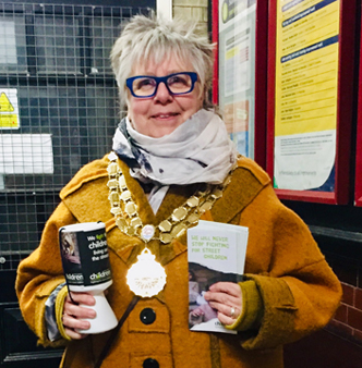 Mayor of Hebden Royd, Cllr Dr Carol Stow collecting for the Railway Children